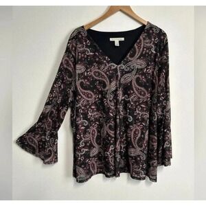 Emaline Women's 2X Paisley Print Popover Blouse Lined Bell 3/4 Sleeve Stretch‎